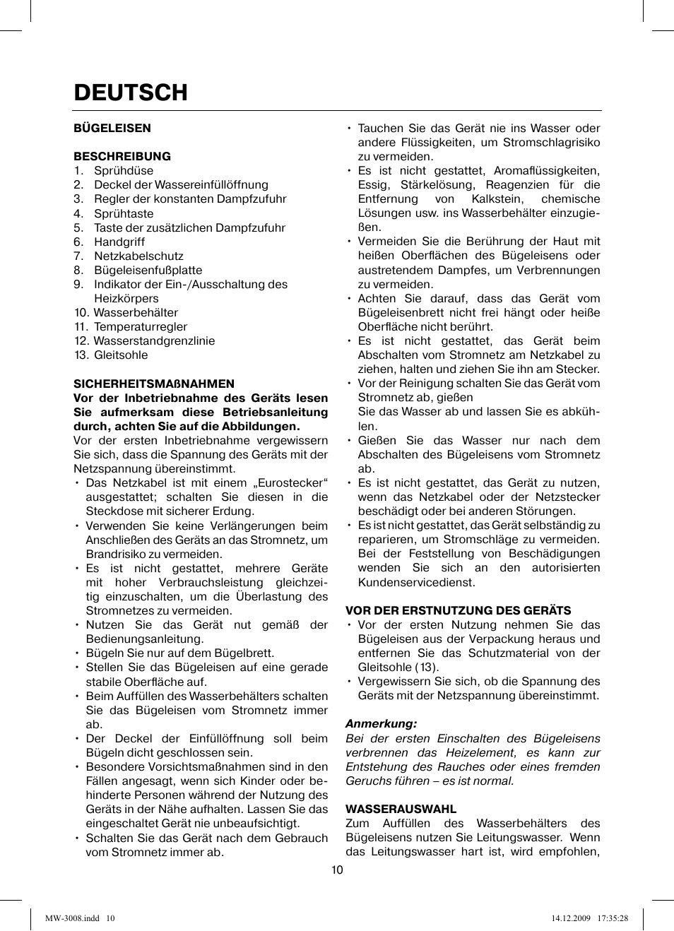 Deutsch | MAXWELL MW-3008 VT User Manual | Page 10 / 40