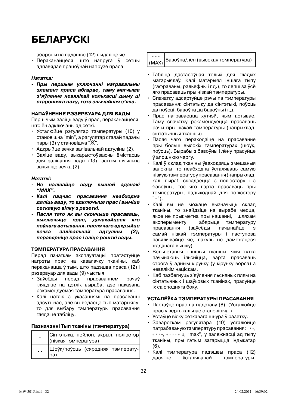 Беларускi | MAXWELL MW-3015 G User Manual | Page 32 / 40