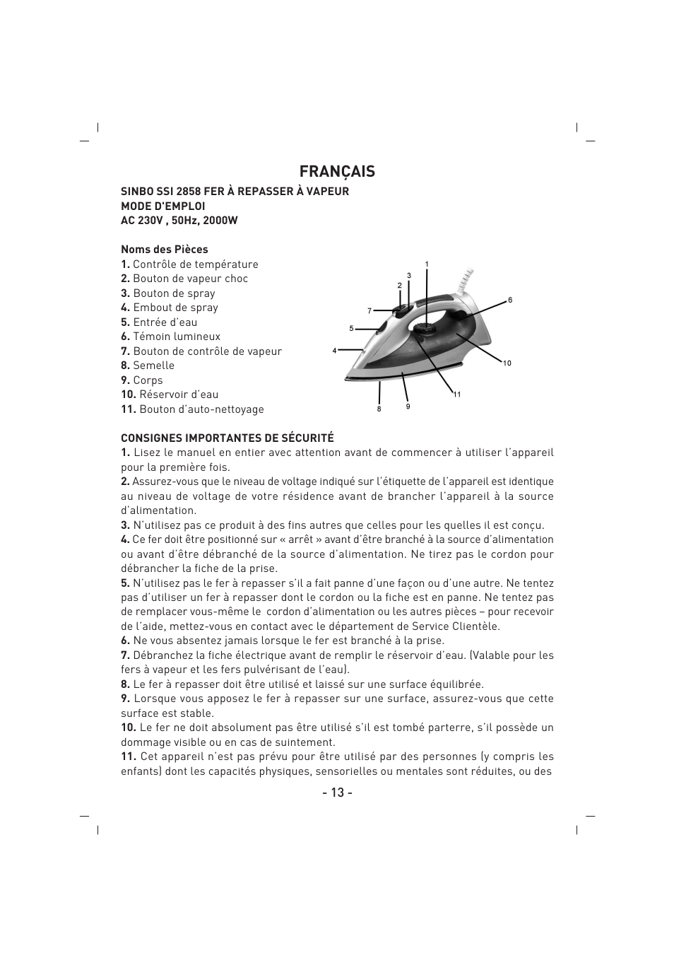 Français | SINBO SSI 2858 User Manual | Page 14 / 48