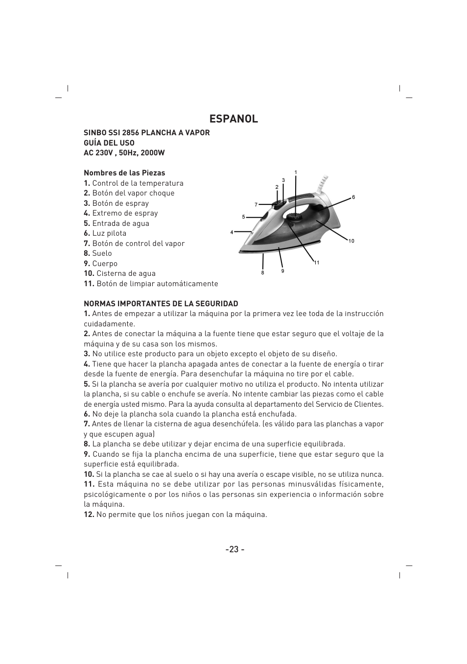 Espanol | SINBO SSI 2856 User Manual | Page 24 / 48