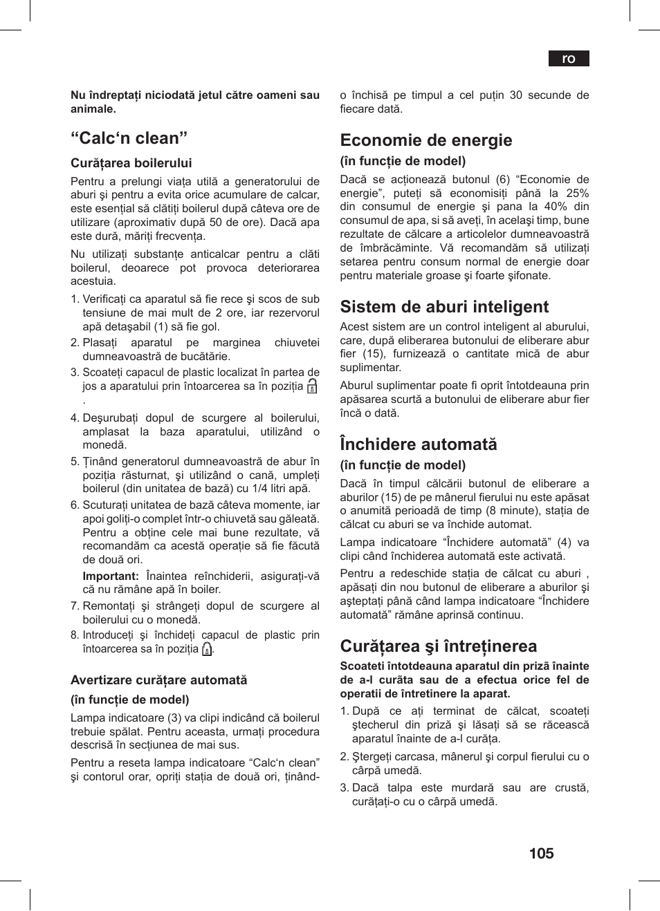 Calc‘n clean, Economie de energie, Sistem de aburi inteligent | Închidere automată, Curăţarea şi întreţinerea | Bosch TDS 3530 User Manual | Page 105 / 114