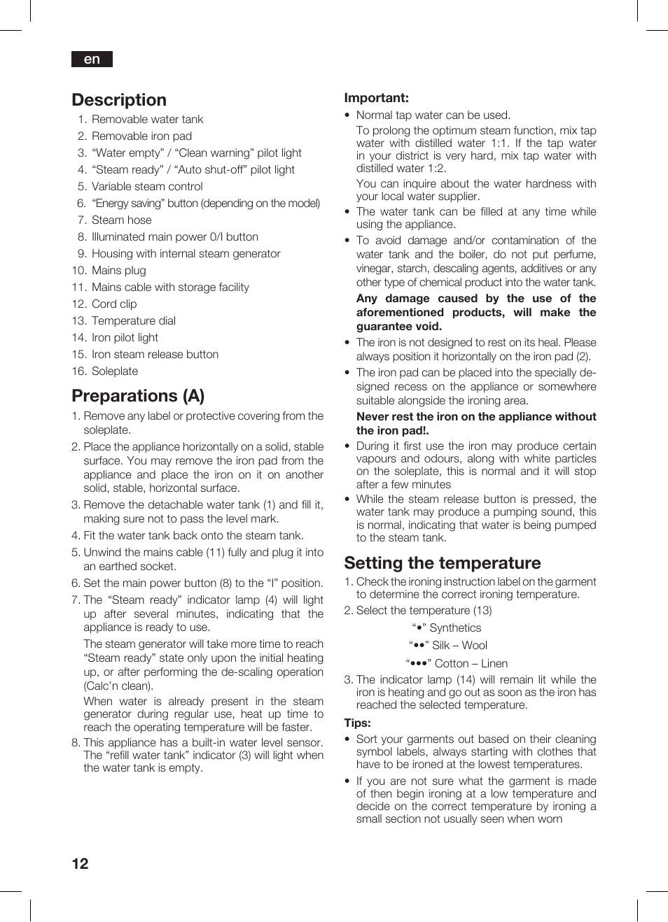 Description, Preparations (a), Setting the temperature | Bosch TDS 3530 User Manual | Page 12 / 114