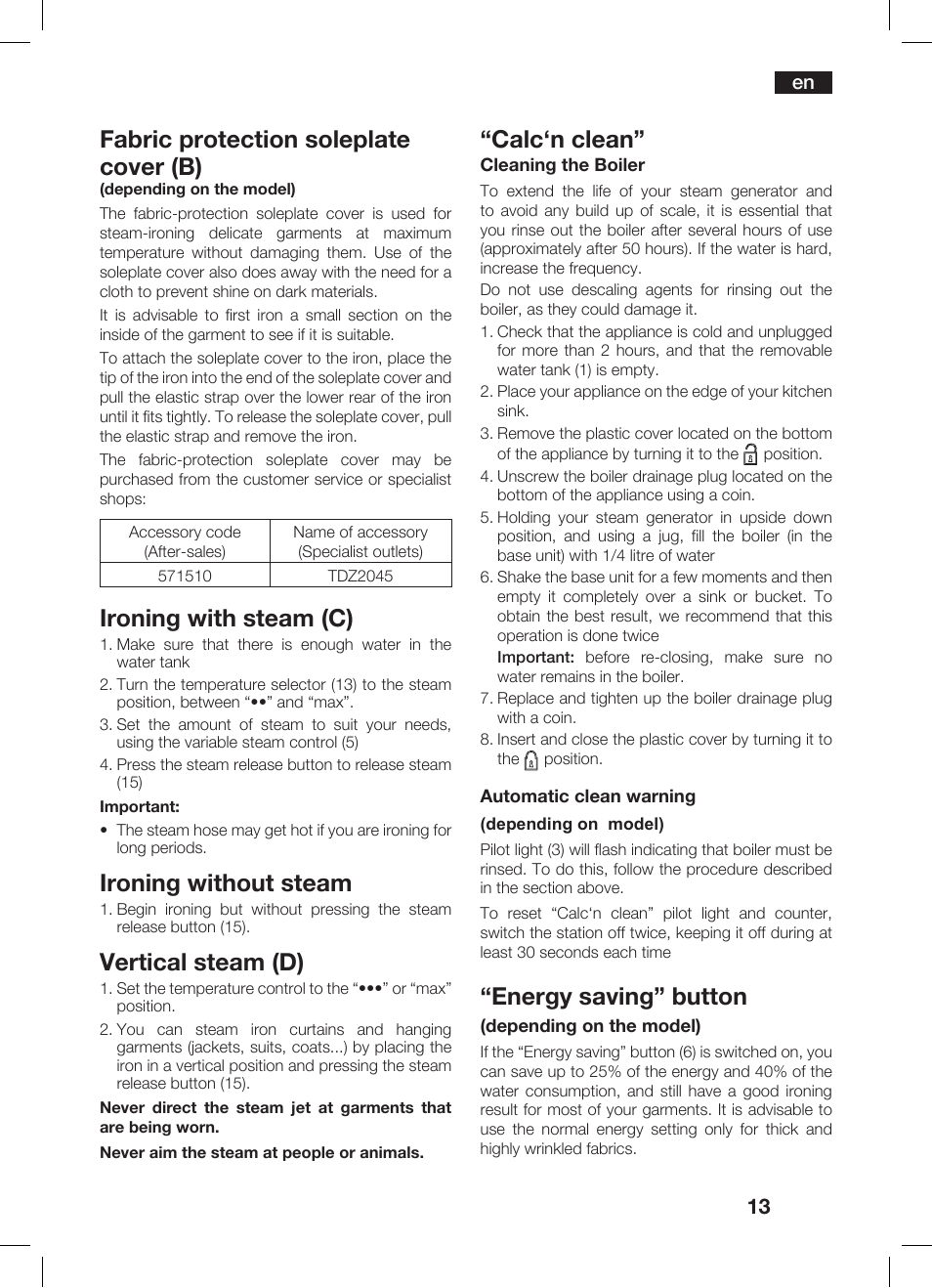 Fabric protection soleplate cover (b), Ironing with steam (c), Ironing without steam | Vertical steam (d), Calc‘n clean, Energy saving” button | Bosch TDS 3530 User Manual | Page 13 / 114