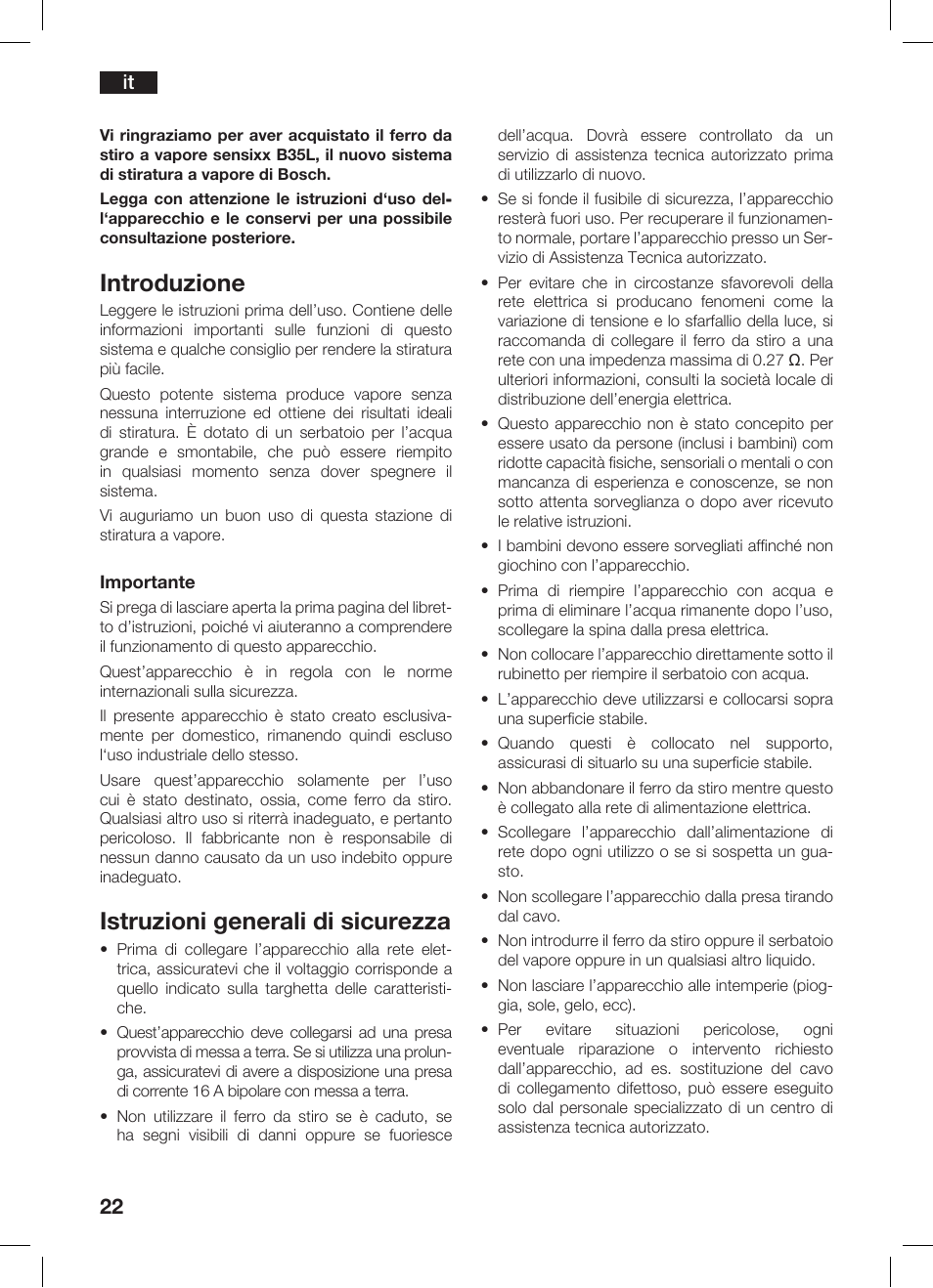 Introduzione, Istruzioni generali di sicurezza | Bosch TDS 3530 User Manual | Page 22 / 114