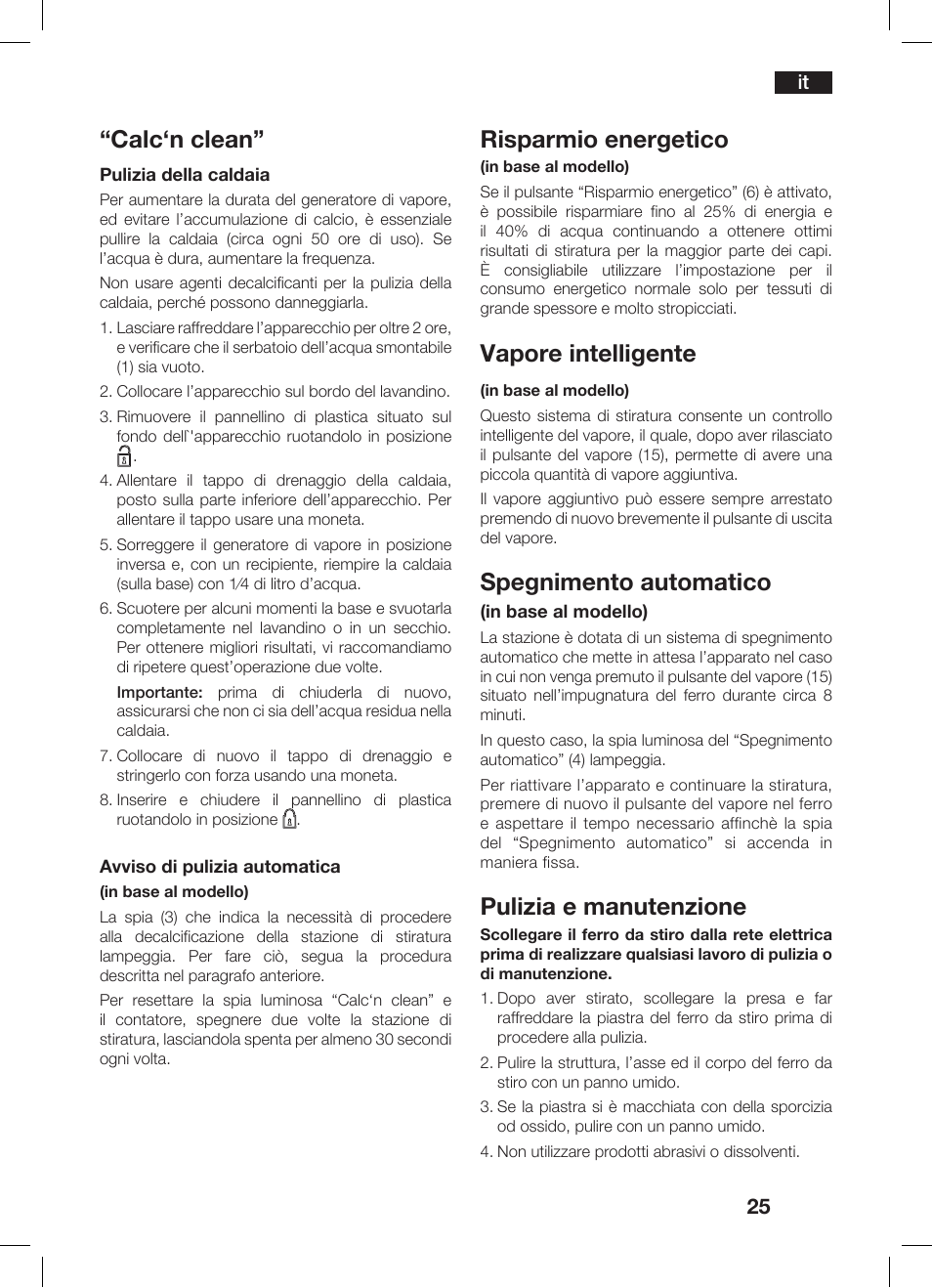 Calc‘n clean, Risparmio energetico, Vapore intelligente | Spegnimento automatico, Pulizia e manutenzione | Bosch TDS 3530 User Manual | Page 25 / 114