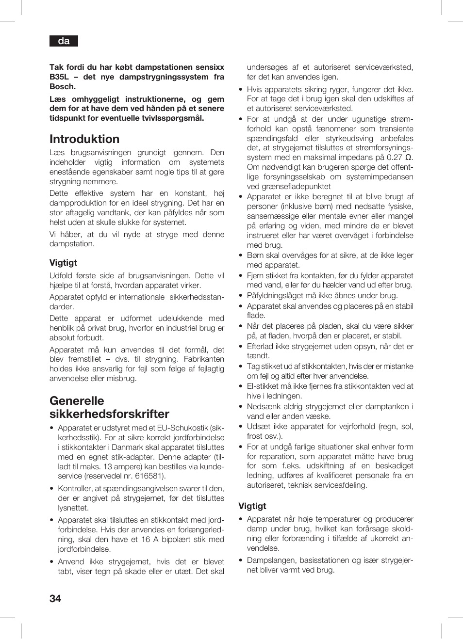 Introduktion, Generelle sikkerhedsforskrifter | Bosch TDS 3530 User Manual | Page 34 / 114