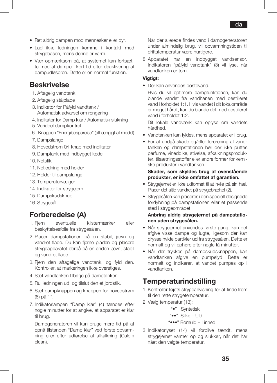 Beskrivelse, Forberedelse (a), Temperaturindstilling | Bosch TDS 3530 User Manual | Page 35 / 114
