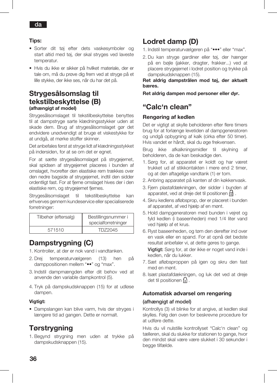 Strygesålsomslag til tekstilbeskyttelse (b), Dampstrygning (c), Tørstrygning | Lodret damp (d), Calc‘n clean | Bosch TDS 3530 User Manual | Page 36 / 114