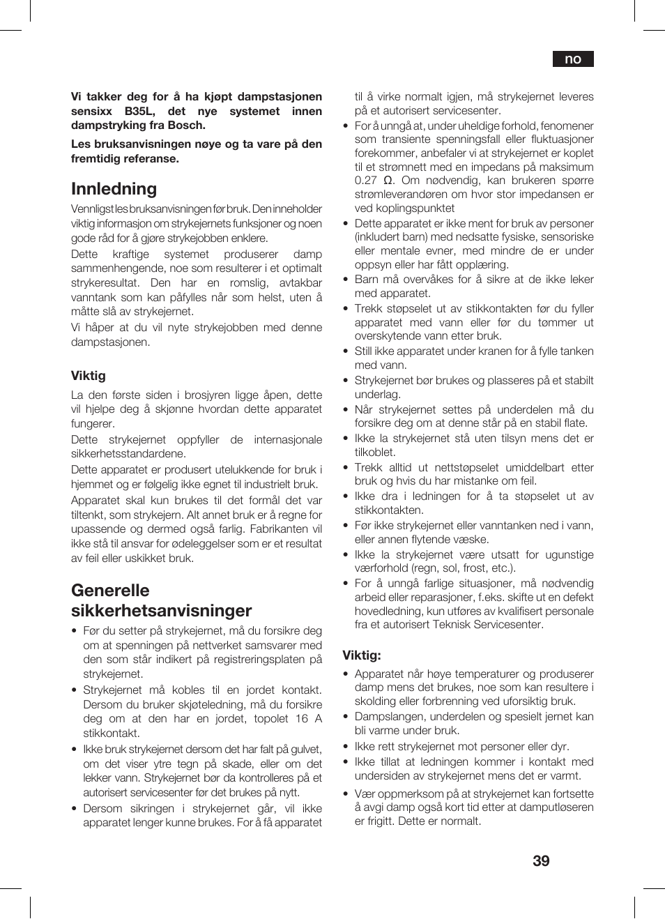 Innledning, Generelle sikkerhetsanvisninger | Bosch TDS 3530 User Manual | Page 39 / 114