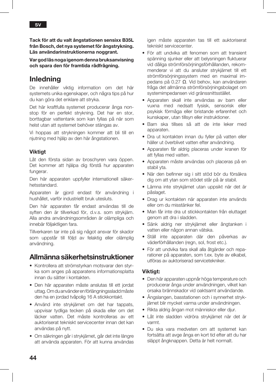 Inledning, Allmänna säkerhetsinstruktioner | Bosch TDS 3530 User Manual | Page 44 / 114