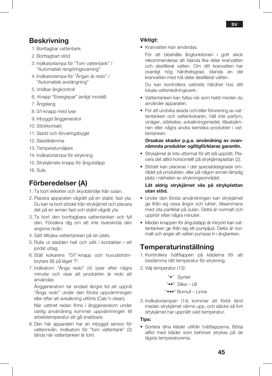 Beskrivning, Förberedelser (a), Temperaturinställning | Bosch TDS 3530 User Manual | Page 45 / 114