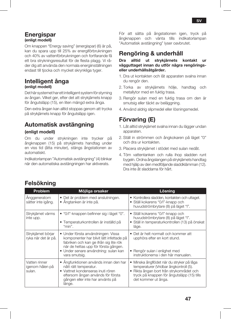 Felsökning, Energispar, Intelligent ånga | Automatisk avstängning, Rengöring & underhåll, Förvaring (e) | Bosch TDS 3530 User Manual | Page 47 / 114