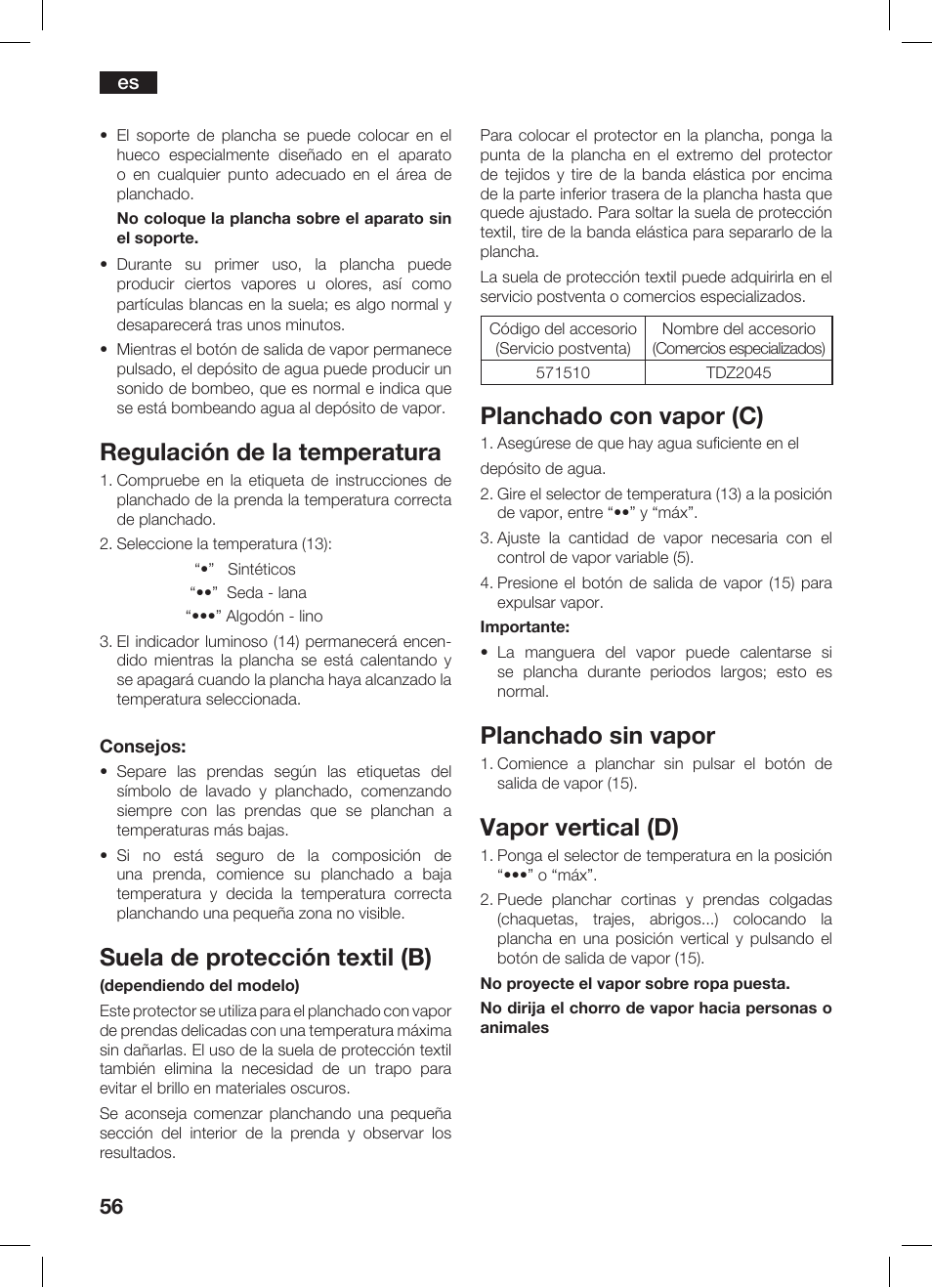 Regulación de la temperatura, Suela de protección textil (b), Planchado con vapor (c) | Planchado sin vapor, Vapor vertical (d) | Bosch TDS 3530 User Manual | Page 56 / 114