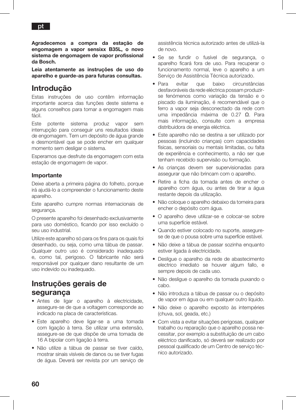 Introdução, Instruções gerais de segurança | Bosch TDS 3530 User Manual | Page 60 / 114