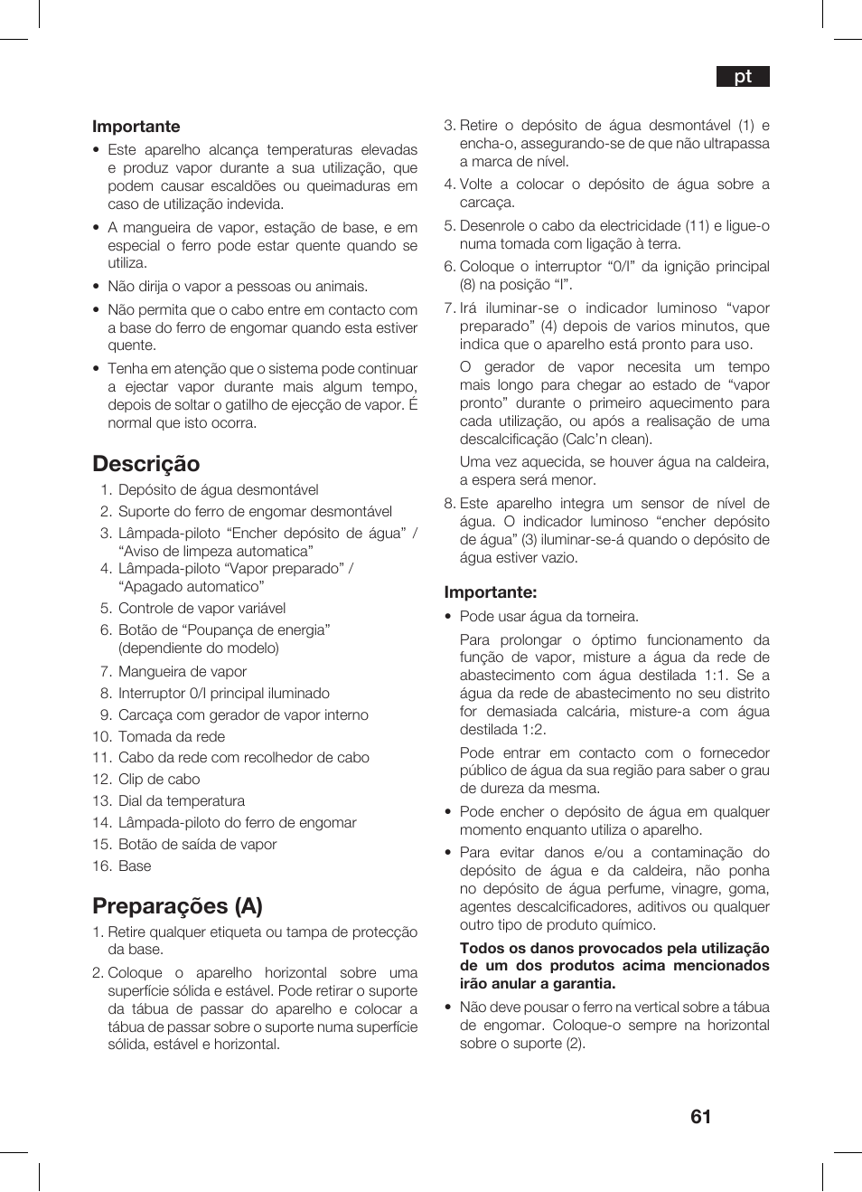 Descrição, Preparações (a) | Bosch TDS 3530 User Manual | Page 61 / 114