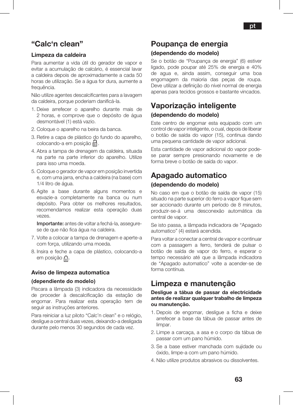 Calc‘n clean, Poupança de energia, Vaporização inteligente | Apagado automatico, Limpeza e manutenção | Bosch TDS 3530 User Manual | Page 63 / 114