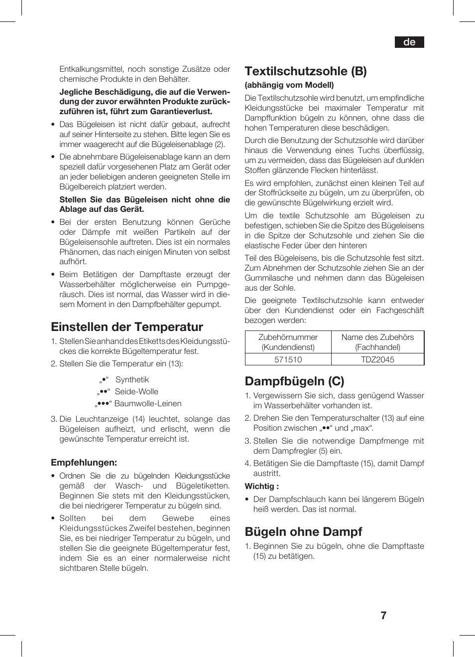 Einstellen der temperatur, Textilschutzsohle (b), Dampfbügeln (c) | Bügeln ohne dampf | Bosch TDS 3530 User Manual | Page 7 / 114