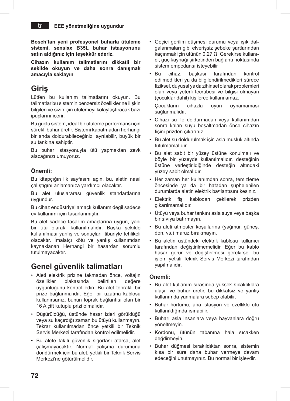 Giriş, Genel güvenlik talimatları | Bosch TDS 3530 User Manual | Page 72 / 114