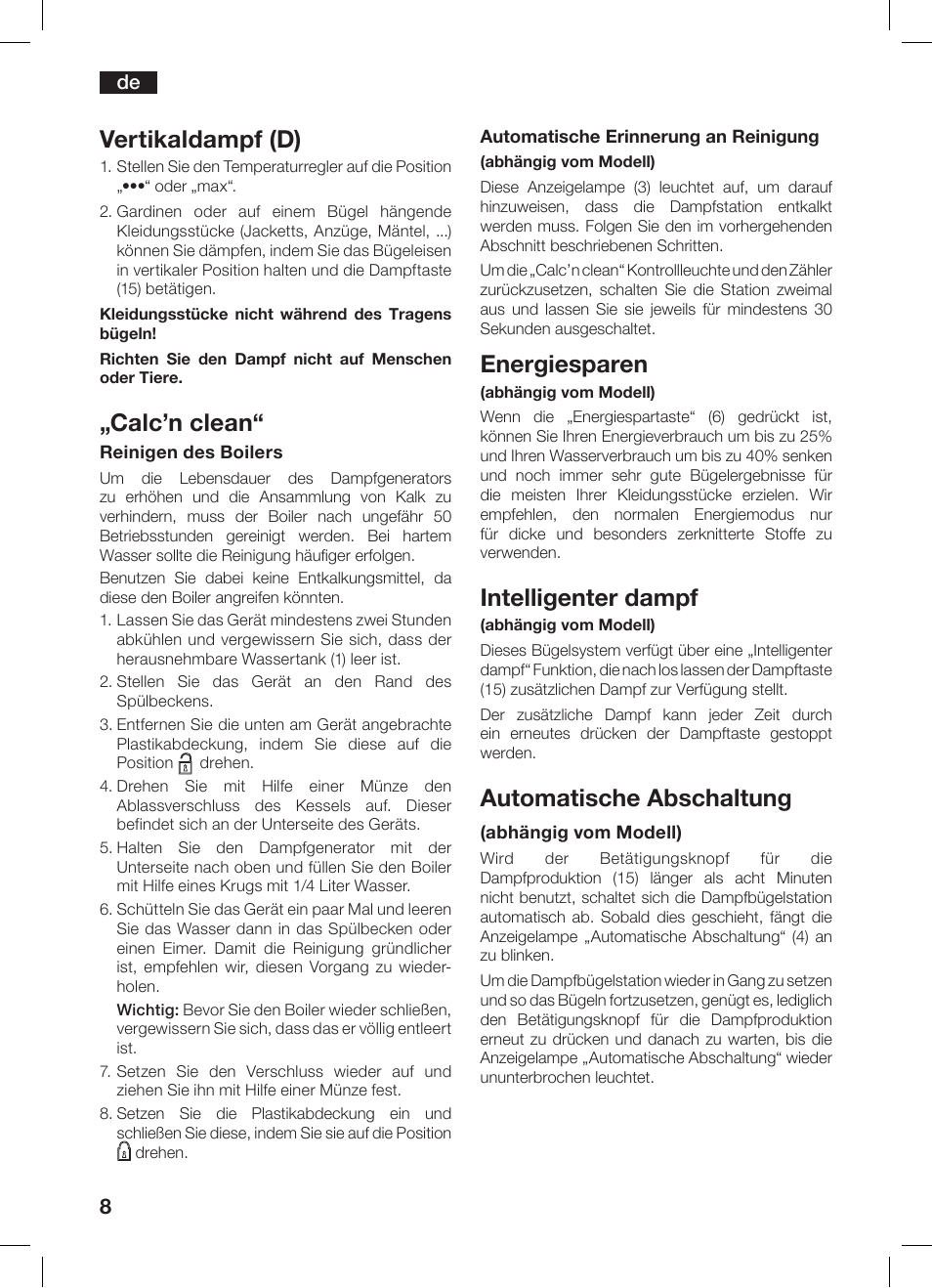 Vertikaldampf (d), Calc’n clean, Energiesparen | Intelligenter dampf, Automatische abschaltung | Bosch TDS 3530 User Manual | Page 8 / 114
