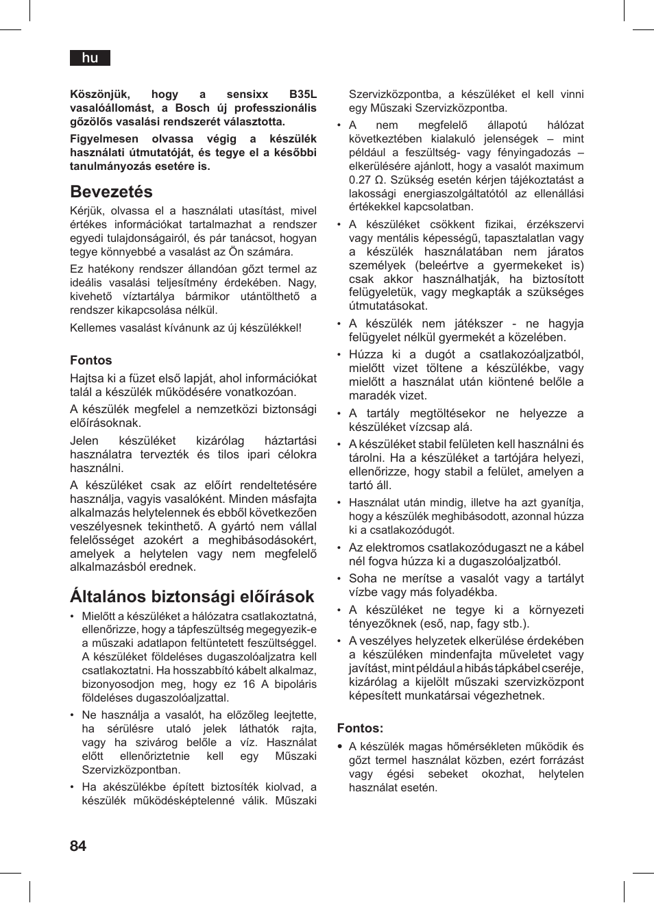 Bevezetés, Általános biztonsági előírások | Bosch TDS 3530 User Manual | Page 84 / 114