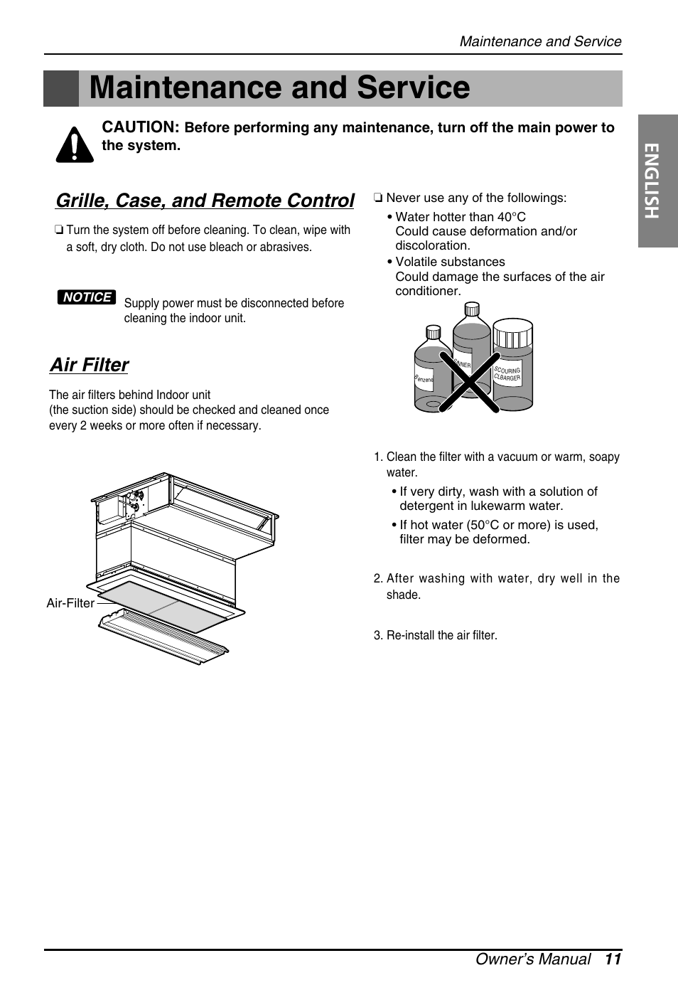 Maintenance and service, English, Grille, case, and remote control | Air filter, Owner’s manual 11, Caution | LG ARNU07GB1G1 User Manual | Page 11 / 15