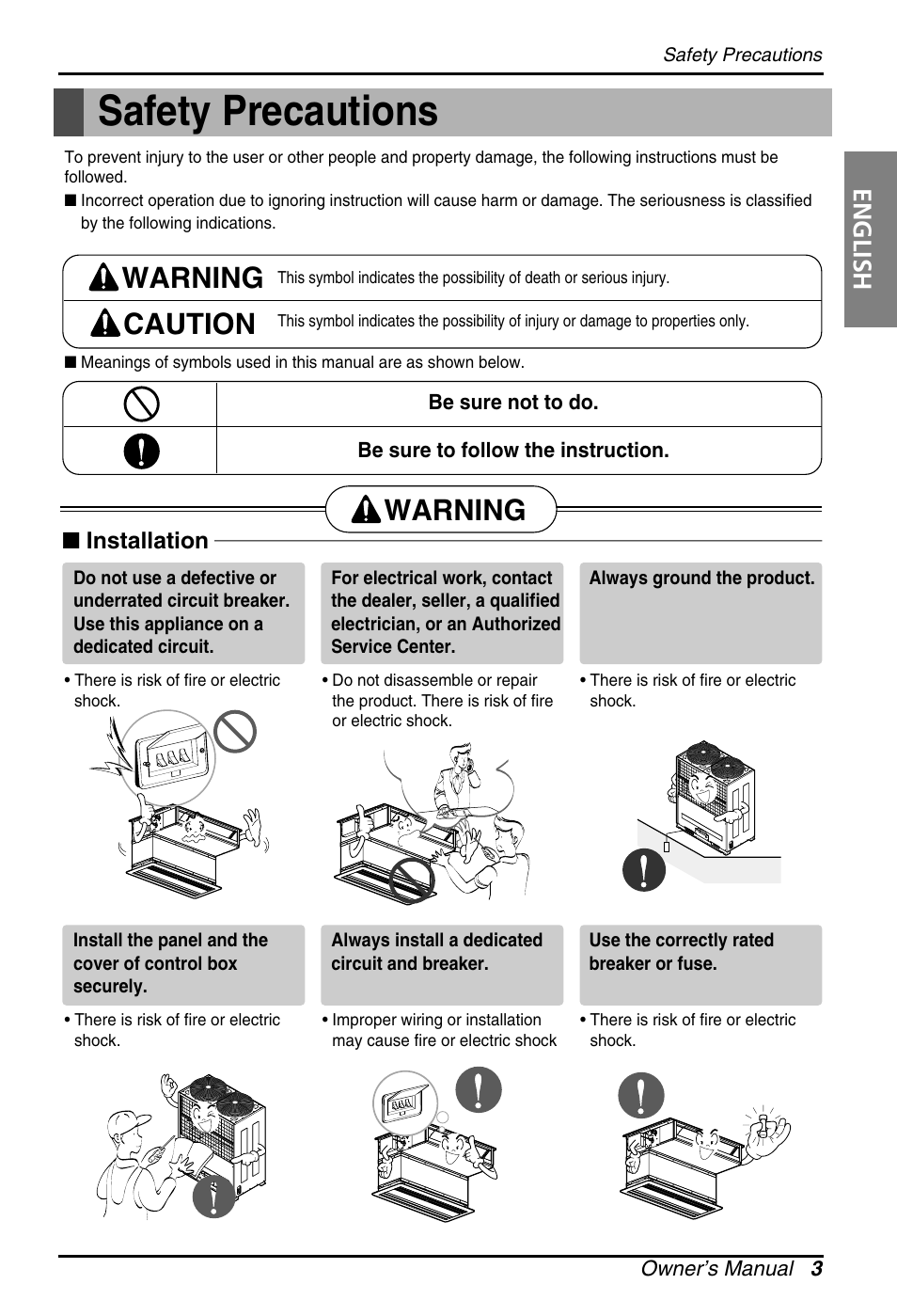 Safety precautions, Warning caution, Warning | English | LG ARNU07GB1G1 User Manual | Page 3 / 15