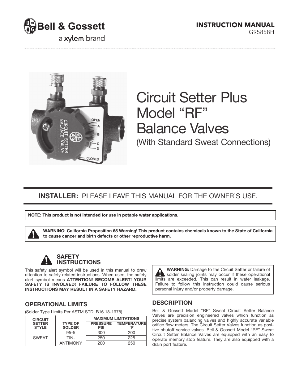 Bell & Gossett G95858H Circuit Setter Plus “RF” Balance Valves User Manual | 4 pages