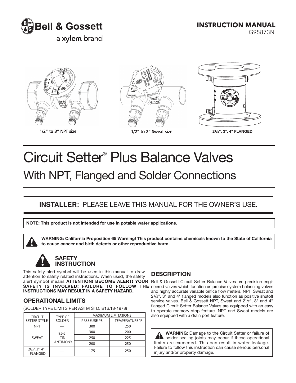 Bell & Gossett G95873N Circuit Setter Plus Balance Valves With NPT, Flanged and Solder Connections User Manual | 4 pages