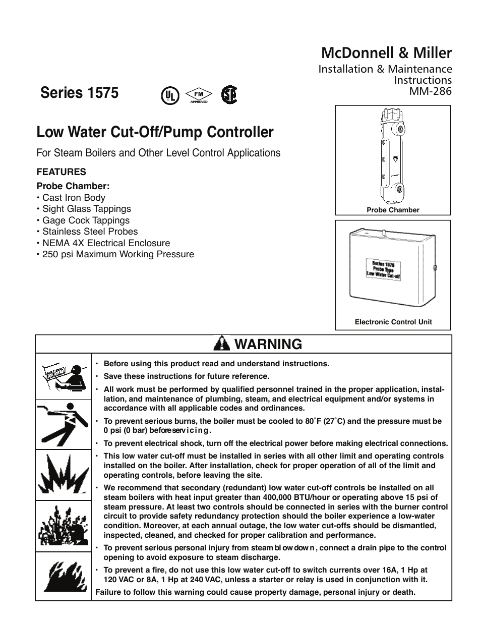 McDonnell & Miller MM 286 Series 1575 Low Water Cut-Off User Manual | 12 pages