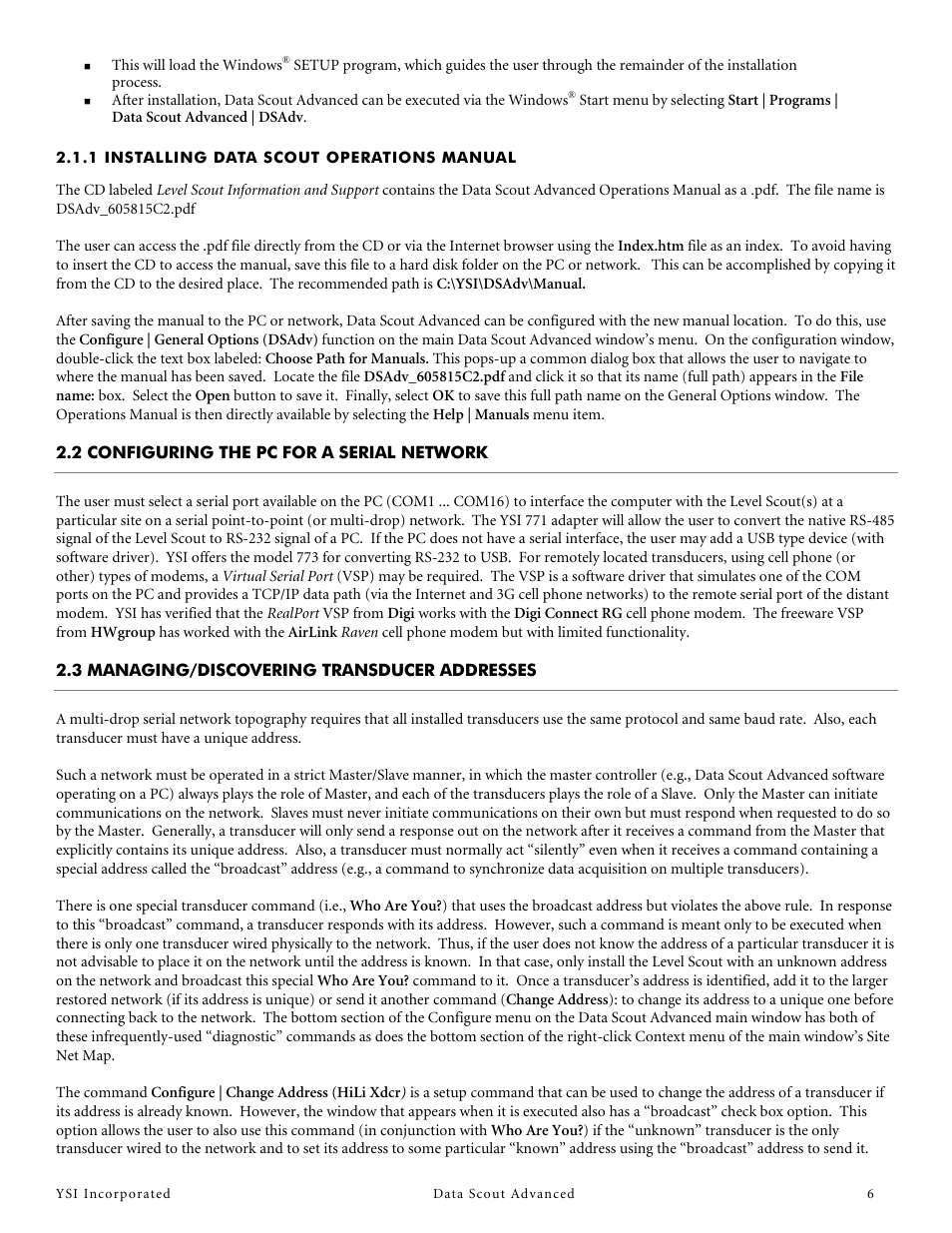 1 installing data scout operations manual, 2 configuring the pc for a serial network, 3 managing/discovering transducer addresses | YSI Data Scout Advanced User Manual | Page 10 / 115