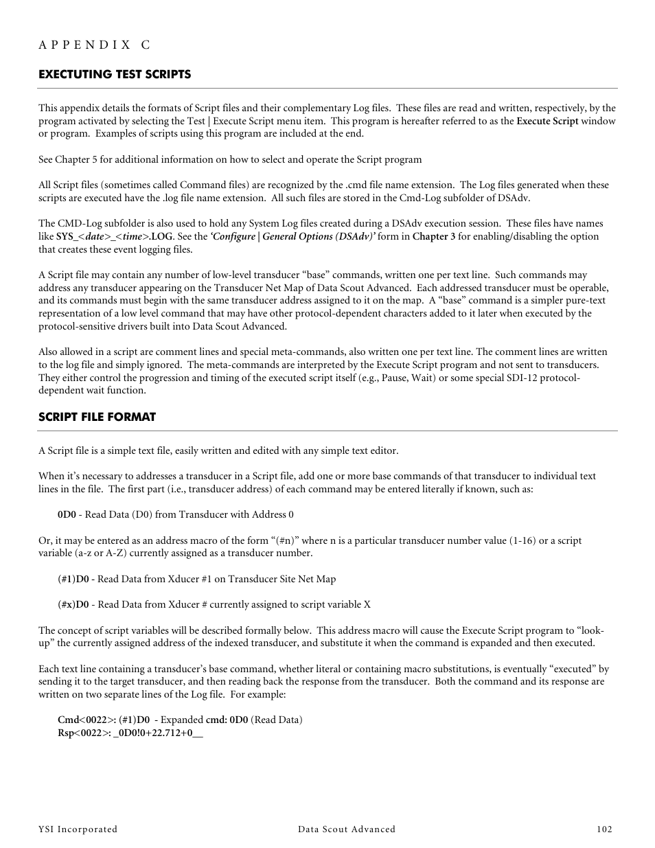Exectuting test scripts, Script file format, Appendix c - exectuting test scripts | YSI Data Scout Advanced User Manual | Page 106 / 115