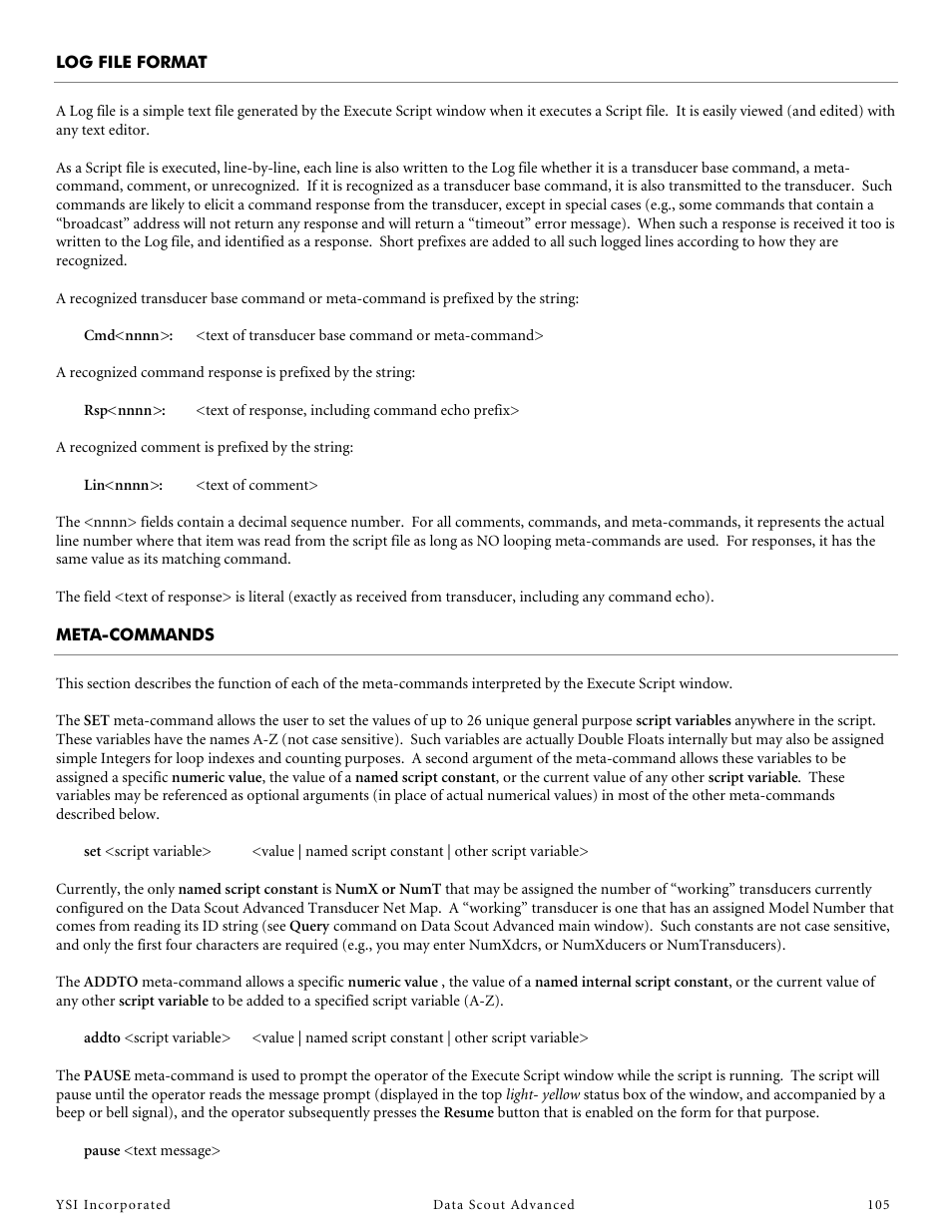 Log file format, Meta-commands | YSI Data Scout Advanced User Manual | Page 109 / 115