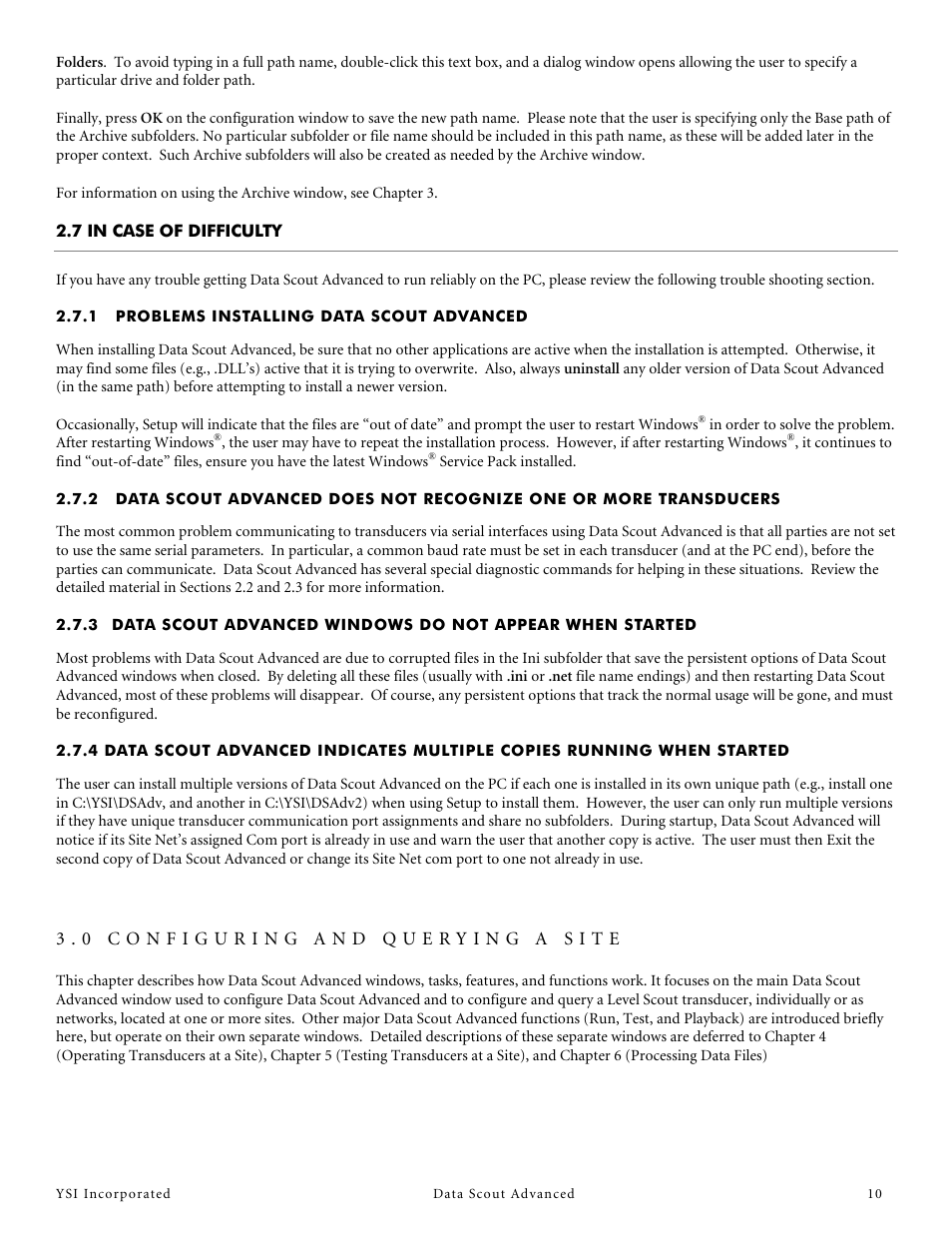7 in case of difficulty, 1 problems installing data scout advanced, 0 configuring and querying a site | YSI Data Scout Advanced User Manual | Page 14 / 115