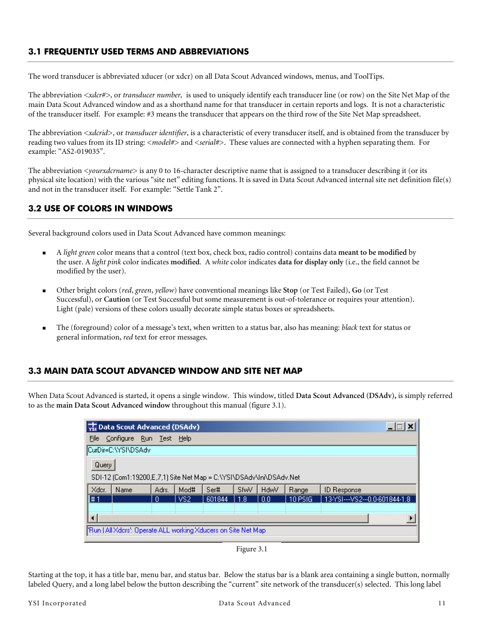 1 frequently used terms and abbreviations, 2 use of colors in windows, 3 main data scout advanced window and site net map | YSI Data Scout Advanced User Manual | Page 15 / 115