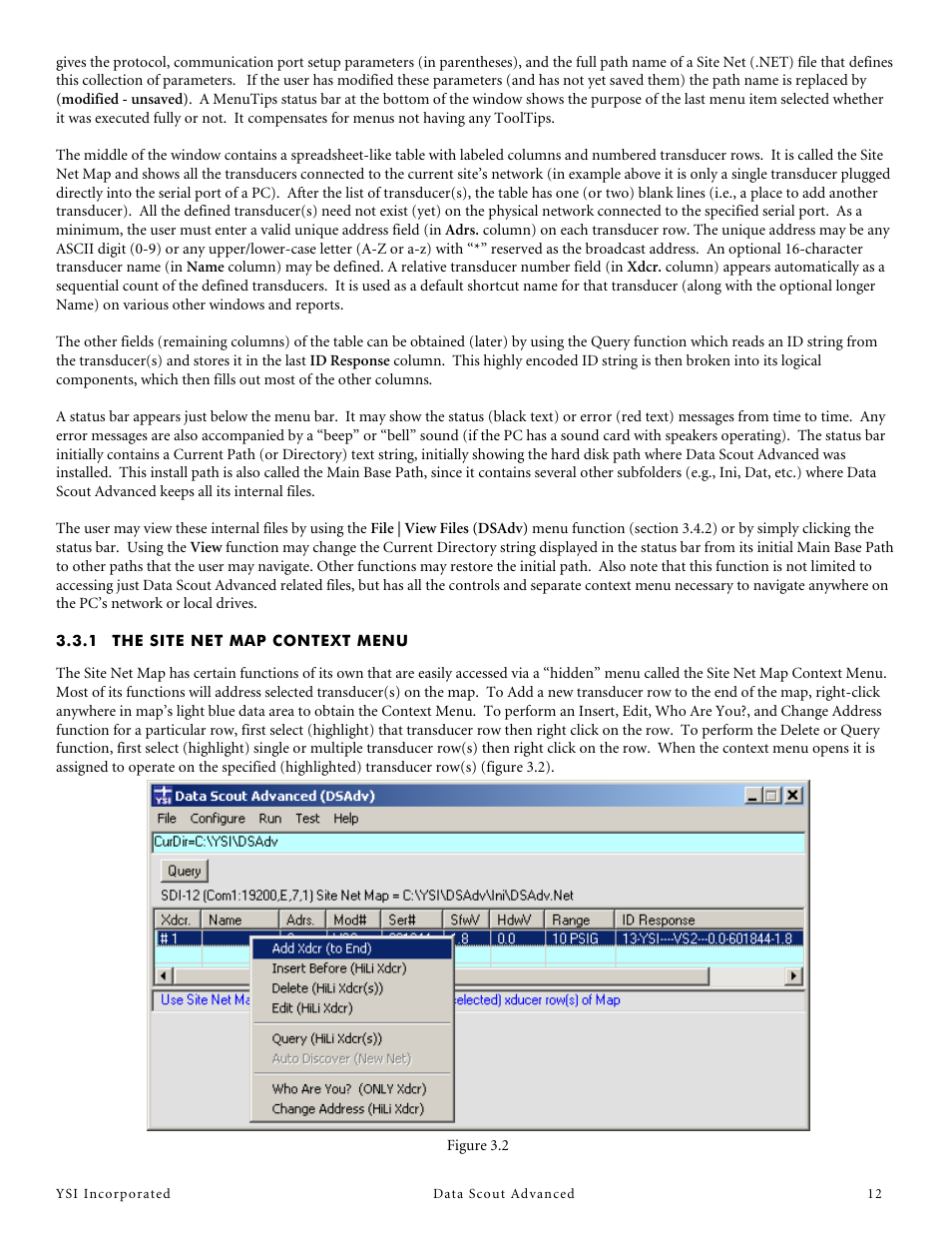 1 the site net map context menu, The site net map context menu | YSI Data Scout Advanced User Manual | Page 16 / 115