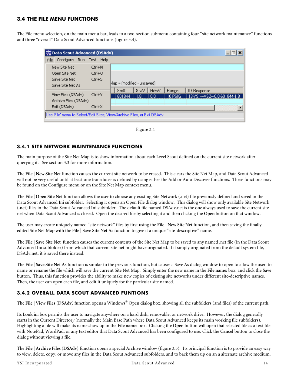 4 the file menu functions, 1 site network maintenance functions, 2 overall data scout advanced funtions | The file menu functions | YSI Data Scout Advanced User Manual | Page 18 / 115
