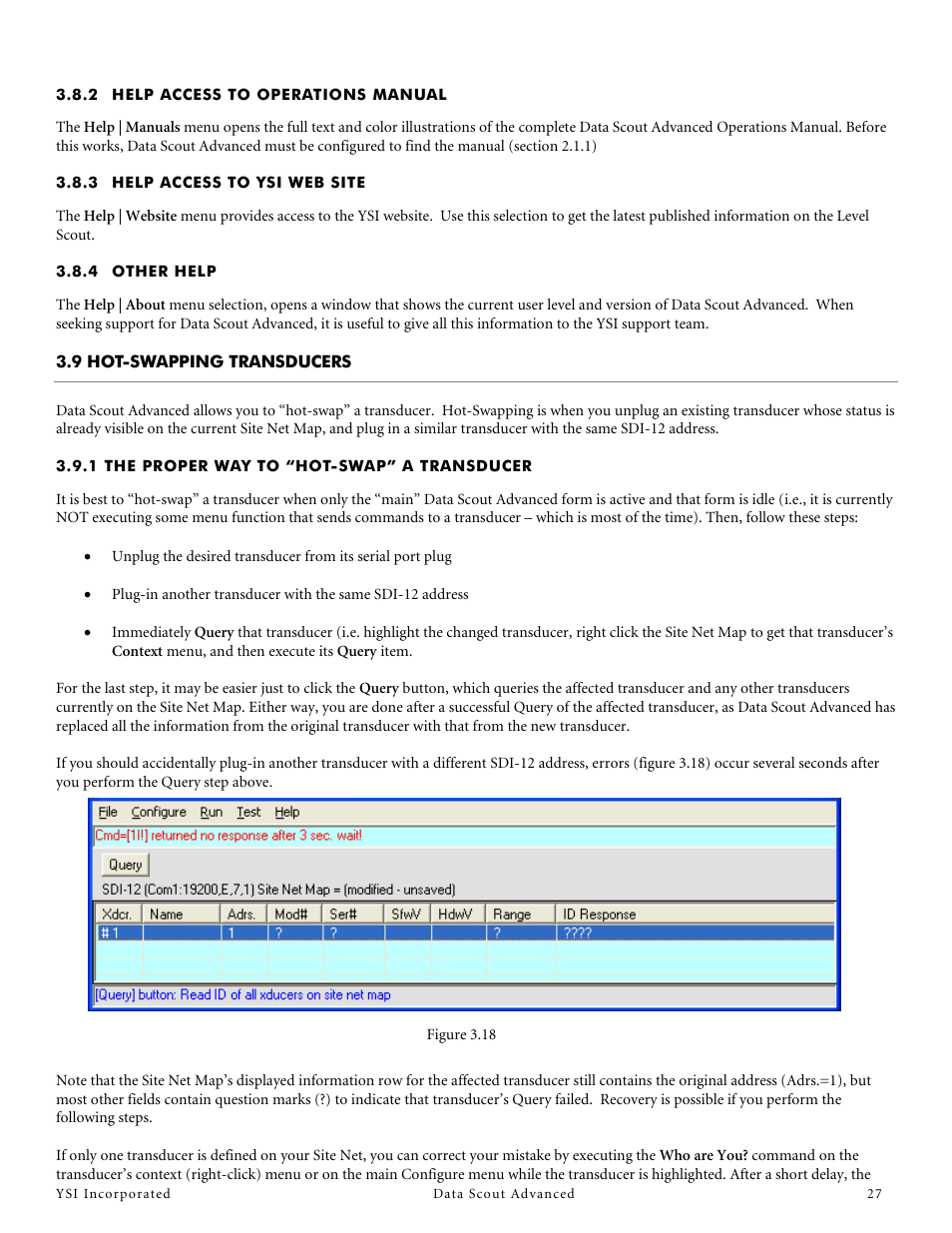 2 help access to operations manual, 3 help access to ysi web site, 4 other help | 1 the proper way to “hot-swap” a transducer, Help access to operations manual, 9 hot-swapping transducers | YSI Data Scout Advanced User Manual | Page 31 / 115