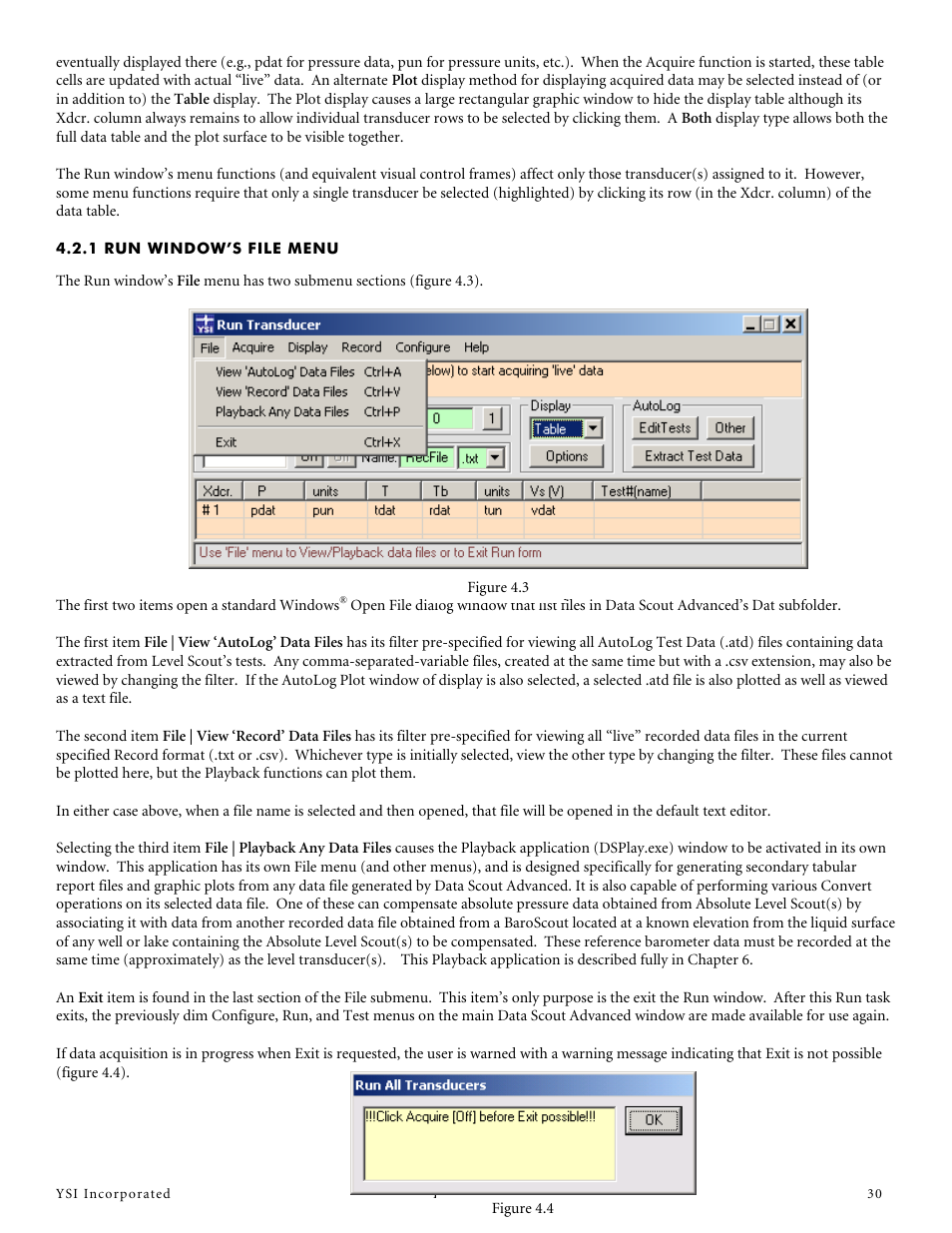 1 run window’s file menu | YSI Data Scout Advanced User Manual | Page 34 / 115