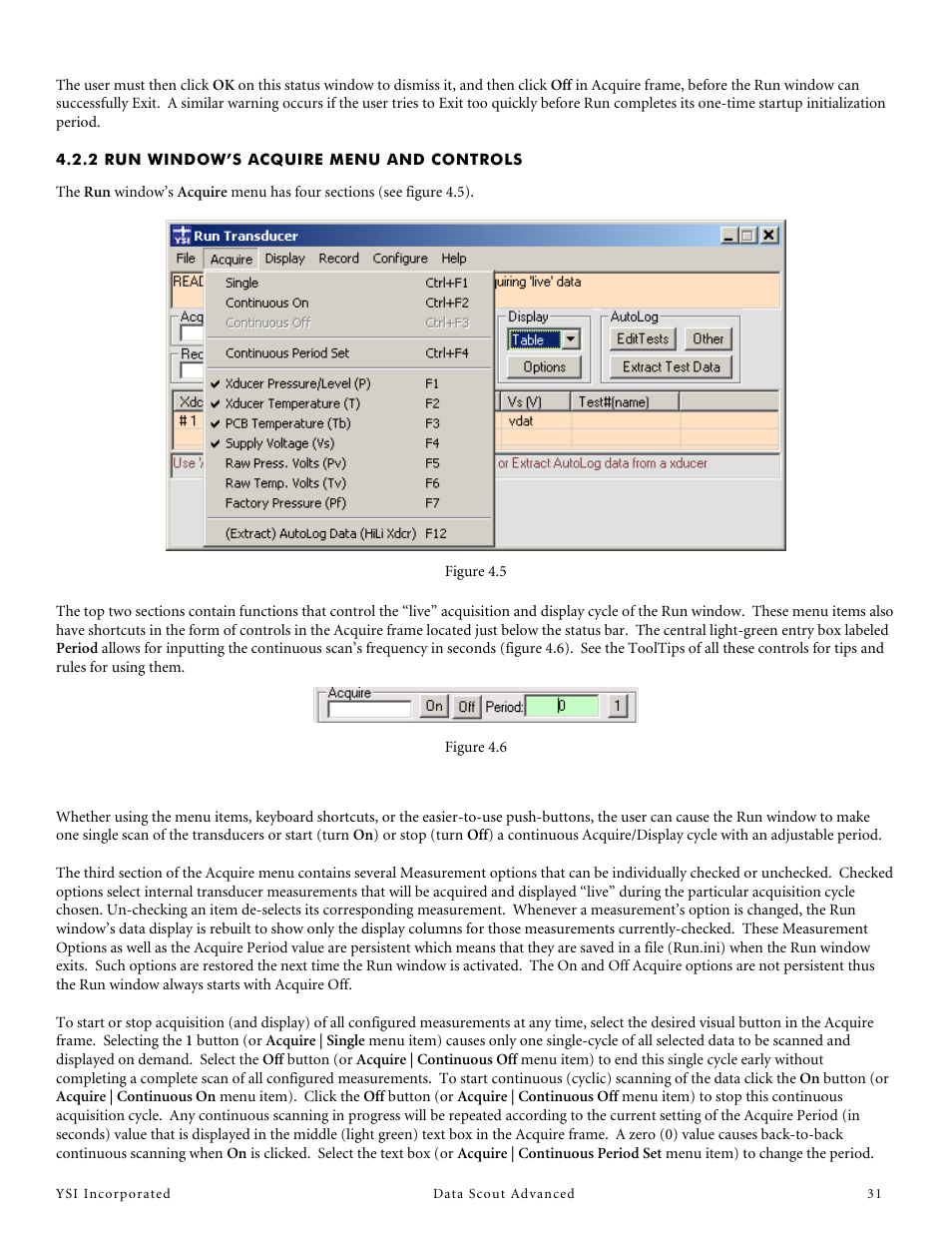2 run window’s acquire menu and controls | YSI Data Scout Advanced User Manual | Page 35 / 115