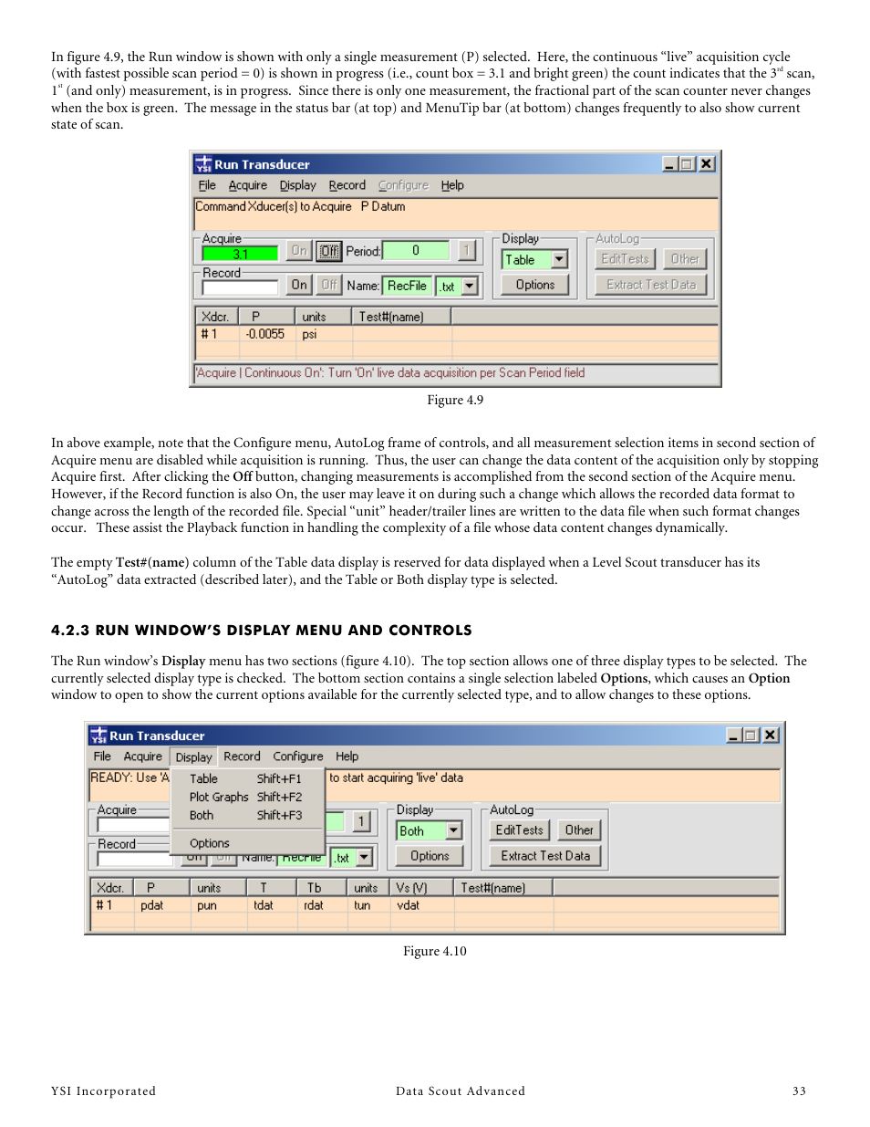 3 run window’s display menu and controls | YSI Data Scout Advanced User Manual | Page 37 / 115