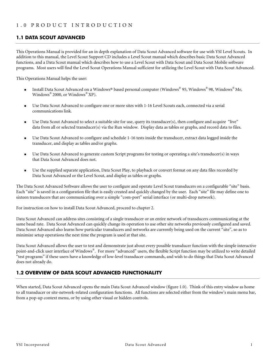1 data scout advanced, 2 overview of data scout advanced functionality, 0 product introduction | YSI Data Scout Advanced User Manual | Page 5 / 115