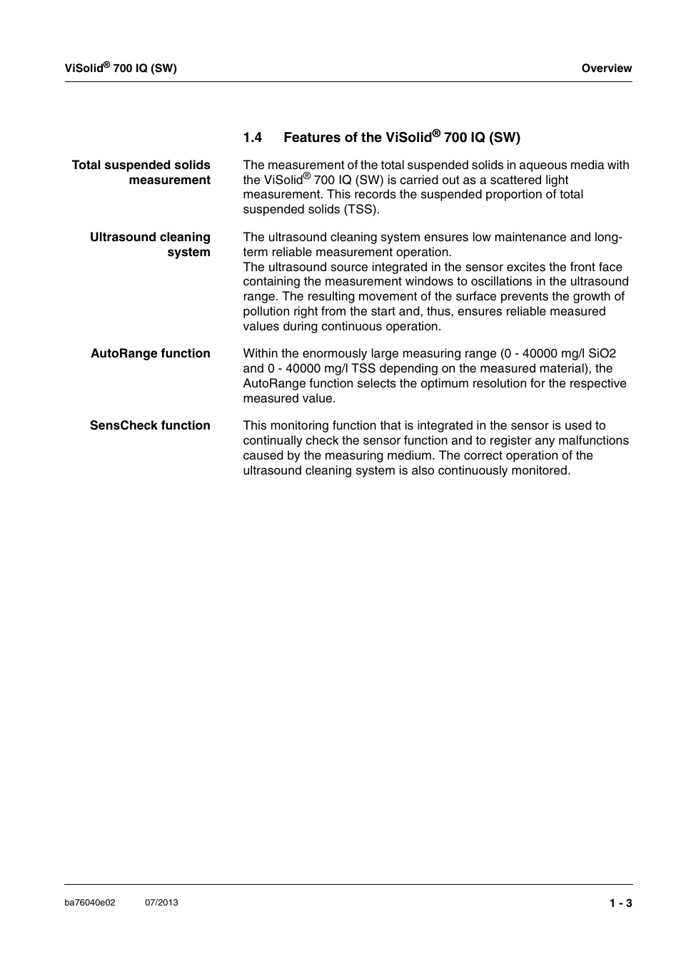 4 features of the visolid® 700 iq (sw), Features of the visolid | Xylem IQ SensorNet ViSolid 700 IQ (SW) User Manual | Page 7 / 58