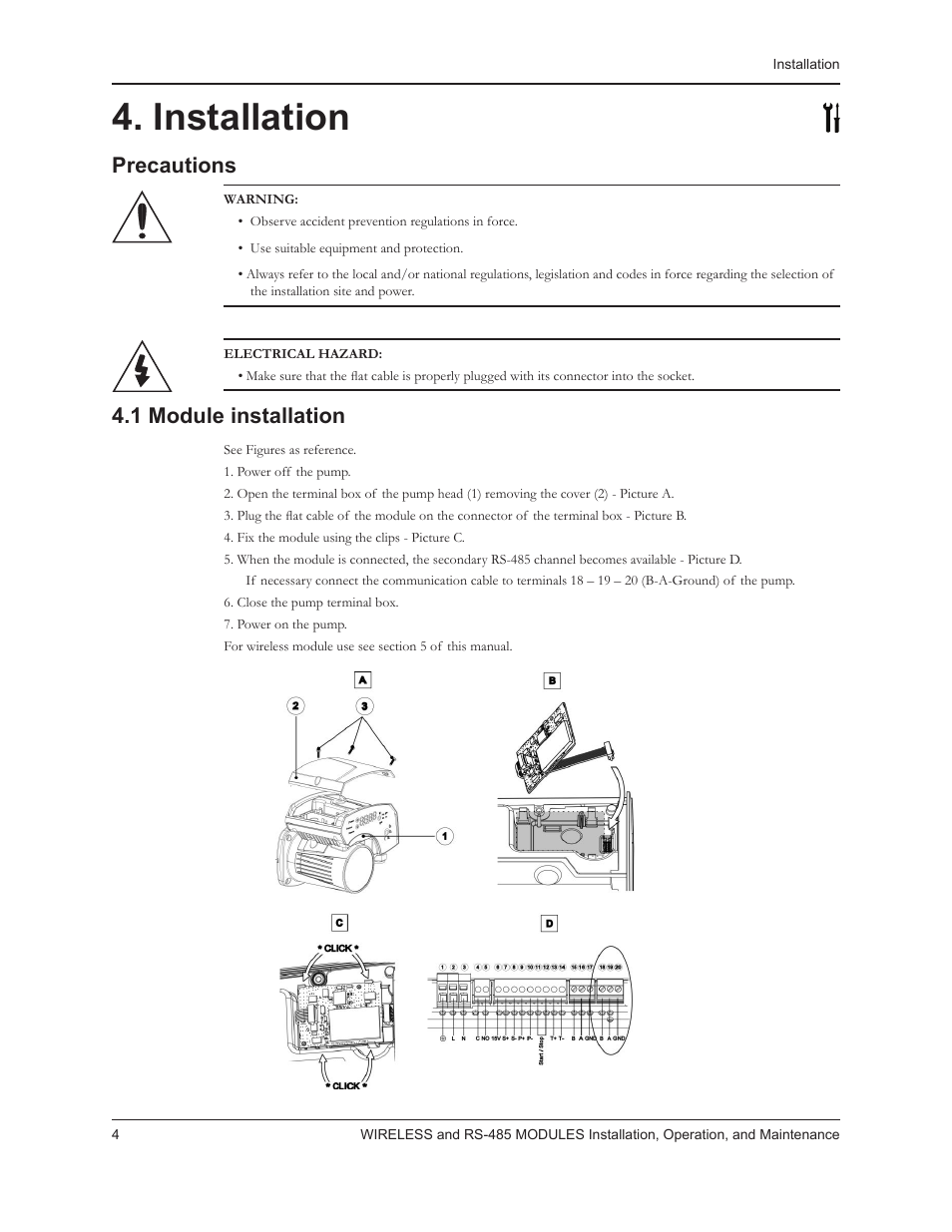 Installation, Precautions, 1 module installation | Bell & Gossett P0002560 Wireless Module and RS-485 Module User Manual | Page 6 / 8