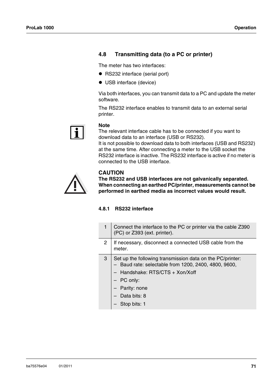 8 transmitting data (to a pc or printer), 1 rs232 interface, Transmitting data (to a pc or printer) 4.8.1 | Rs232 interface | Xylem ProLab 1000 BENCH TOP pH METER User Manual | Page 71 / 103