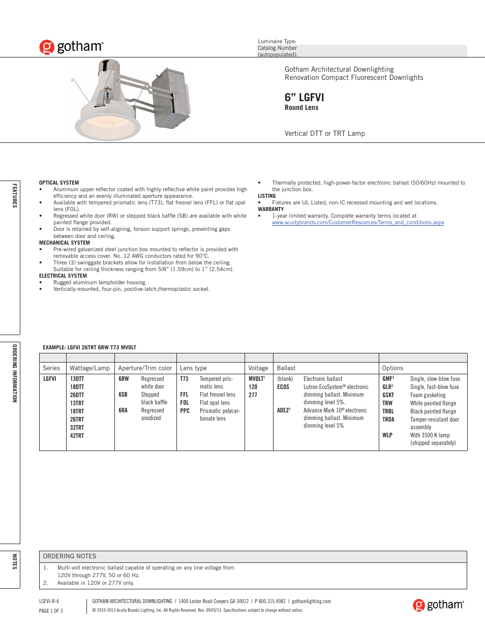 Gotham 6 LGFVI Round Lens SpecSheet User Manual | 3 pages