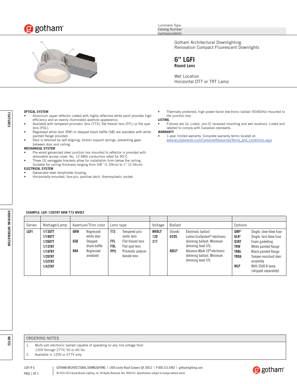 Gotham 6 LGFI Round Lens SpecSheet User Manual | 3 pages