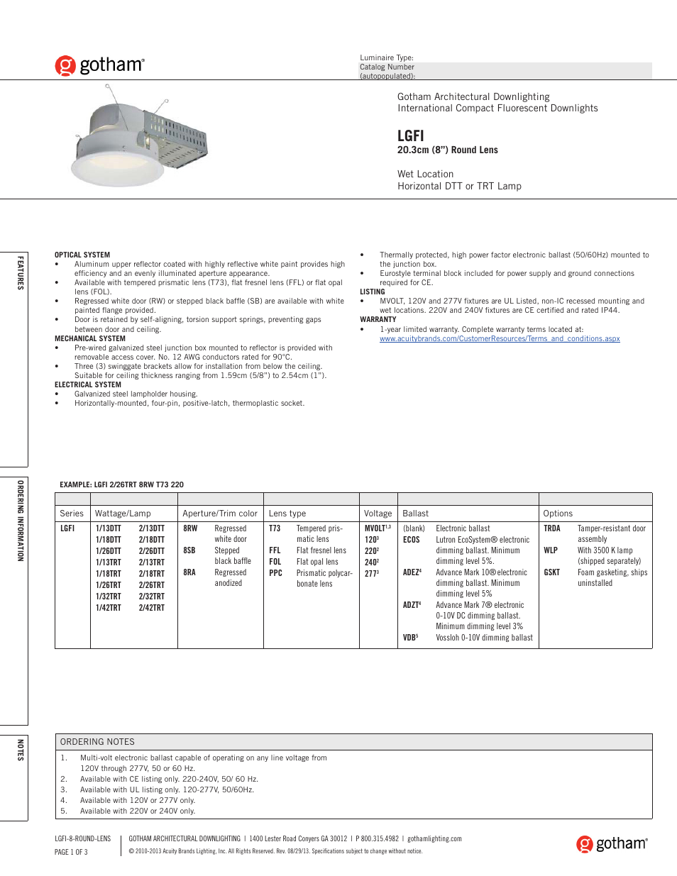 Gotham LGFI 20.3cm (8) Round Lens SpecSheet User Manual | 3 pages