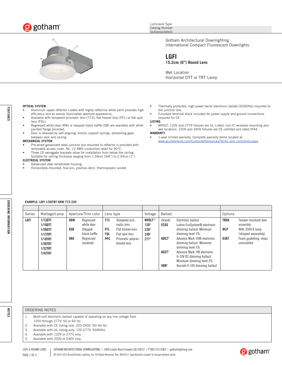 Gotham LGFI 15.2cm (6) Round Lens SpecSheet User Manual | 3 pages