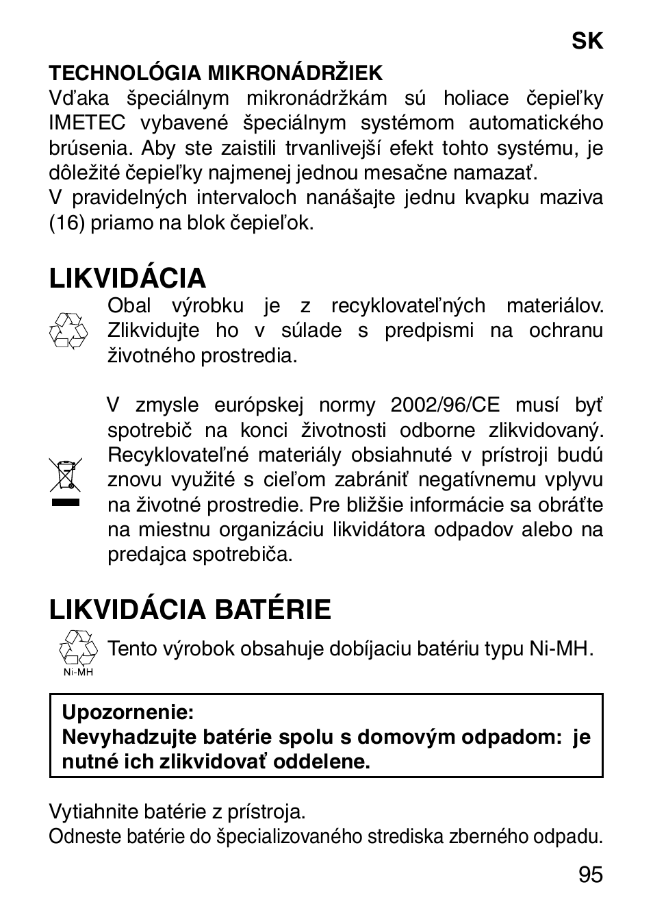 Likvidácia, Likvidácia batérie | Imetec HI MAN EXPERT HC7 200 User Manual | Page 102 / 128