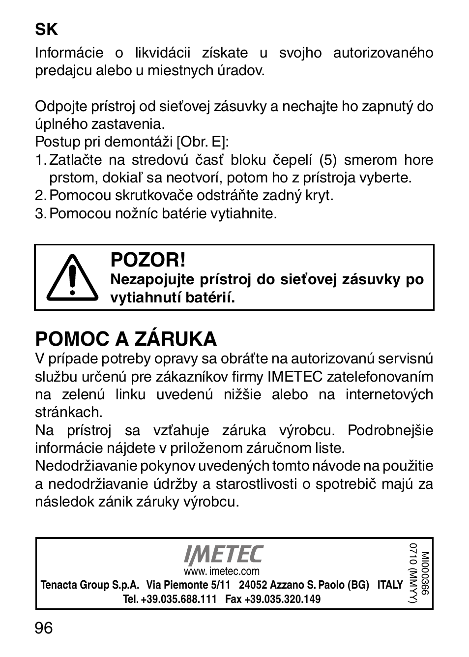 Pozor, Pomoc a záruka, 96 sk | Imetec HI MAN EXPERT HC7 200 User Manual | Page 103 / 128